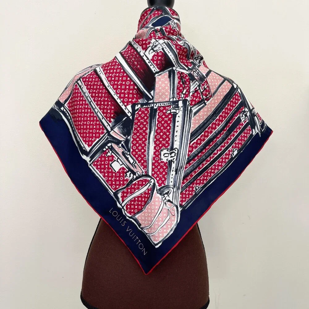 Louis Vuitton Scarf Trunks Luggage Monogram Blue Red Silk Wrap